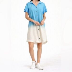 UMGEE U.S.A. Linen-Blend blue and white ombré Shirt Dress size small